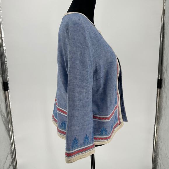 J. McLaughlin Beatrix Blue Chambray Embroidery Linen Blend Open Jacket Women's L - Picture 4 of 11